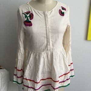 Embroidered Cream Blouse with floral accents and bell sleeves